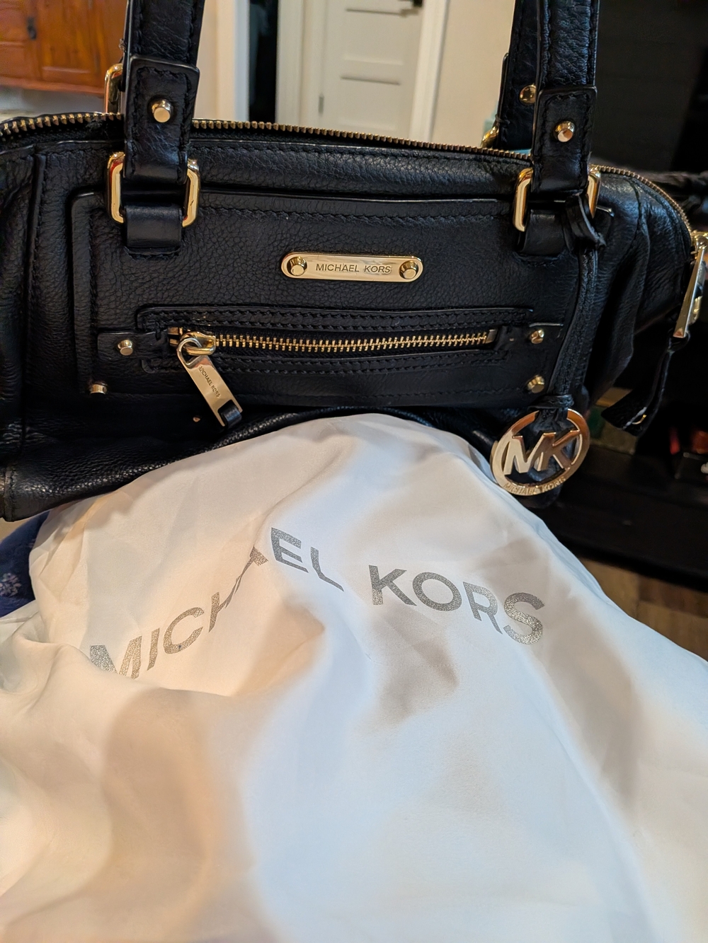 Michael Kors Gilmore Black Leather Satchel with Gold Hardware